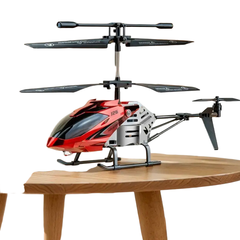 Red and silver metal alloy helicopter toy with black rotor blades featuring usb charging socket for rc aircraft use
