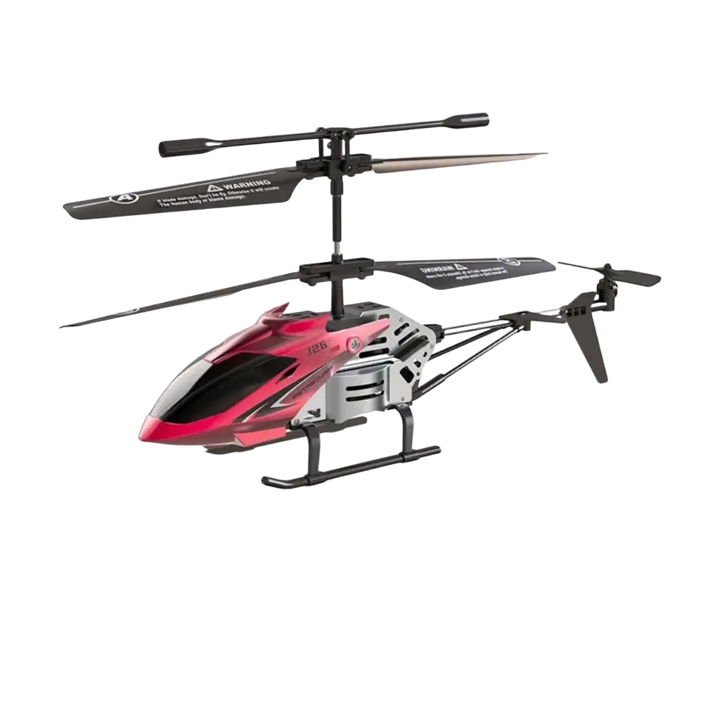 Red and silver metal alloy helicopter toy with black rotor blades featuring usb charging socket for rc aircraft use