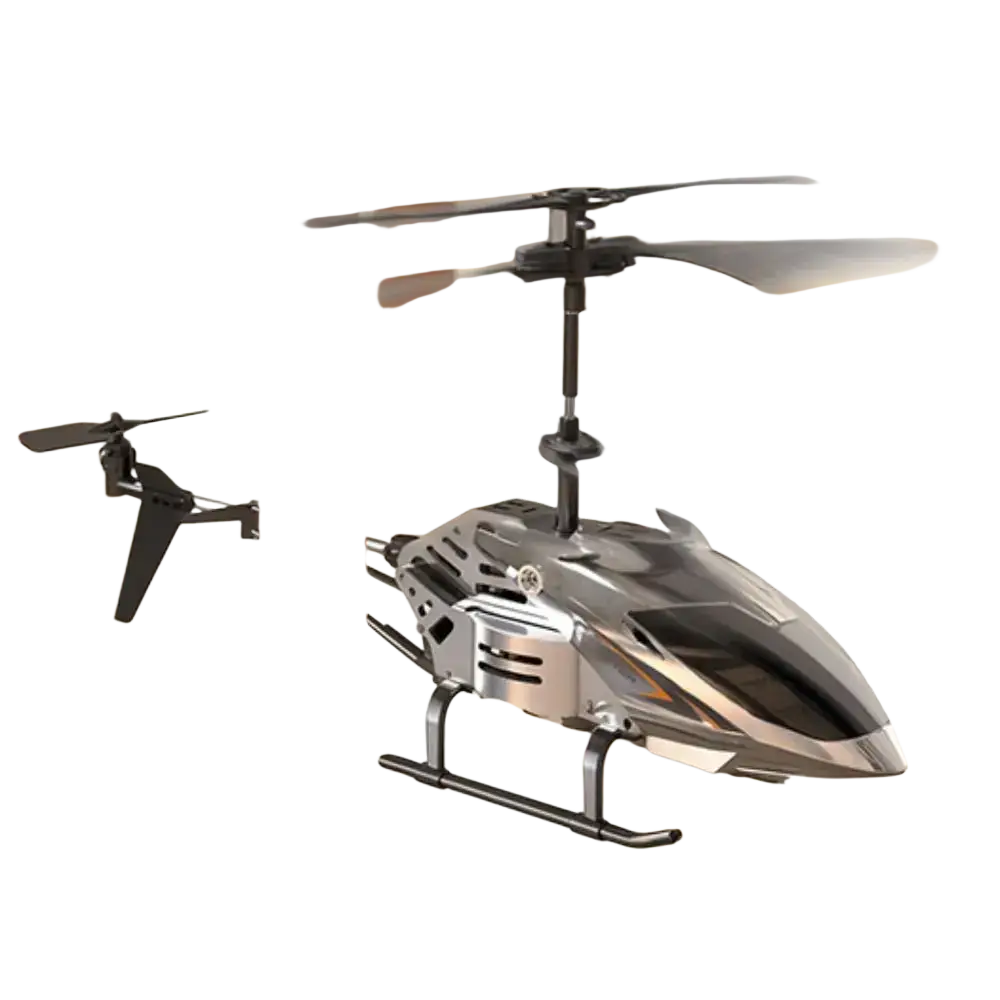Silver and black metal alloy helicopter toy featuring usb charging socket with sleek aerodynamic design for rc aircraft use