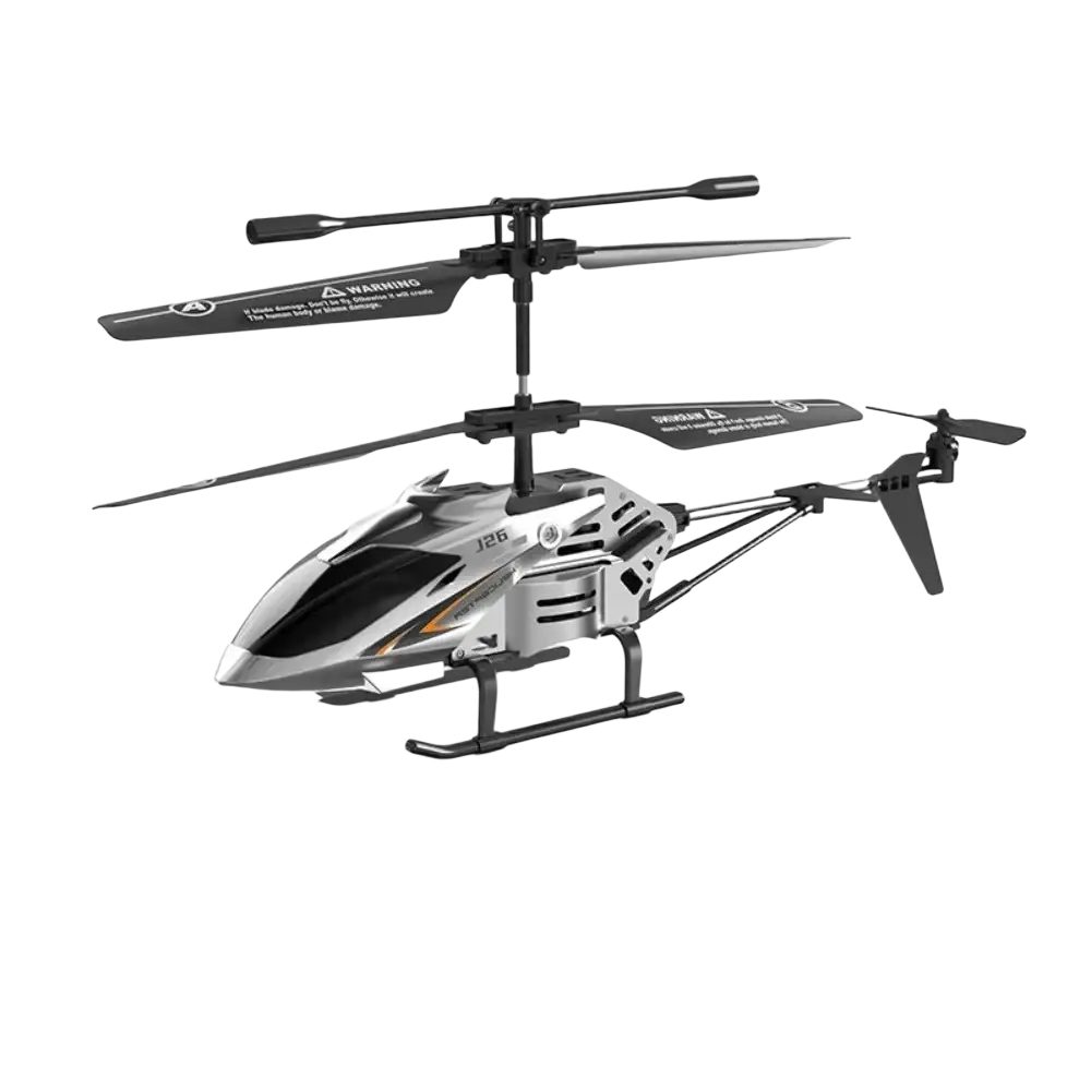 Silver and black metal alloy helicopter toy with sleek design and usb charging socket for easy rc aircraft use