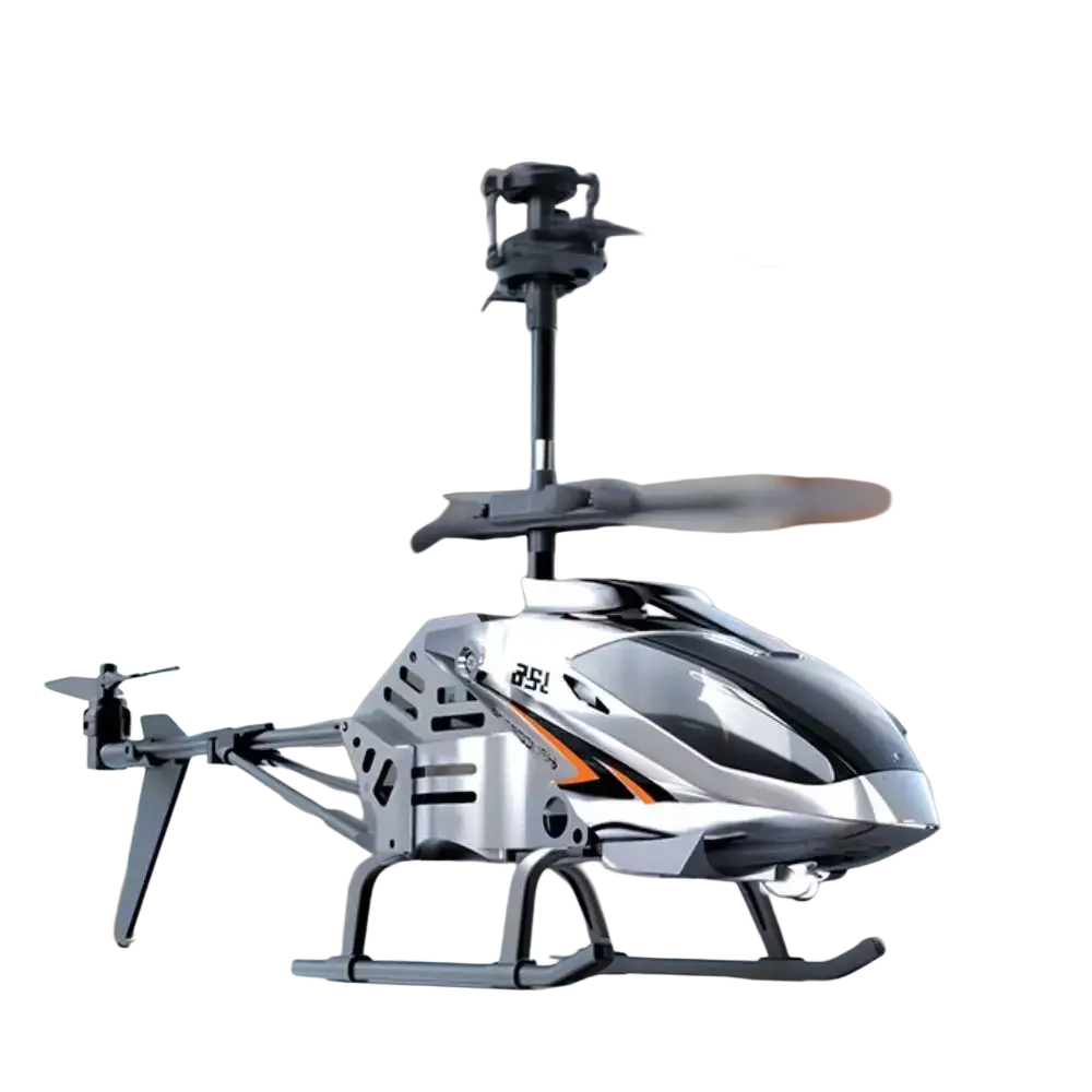 Silver and black metal alloy helicopter toy with orange stripes featuring usb charging socket and aerodynamic design
