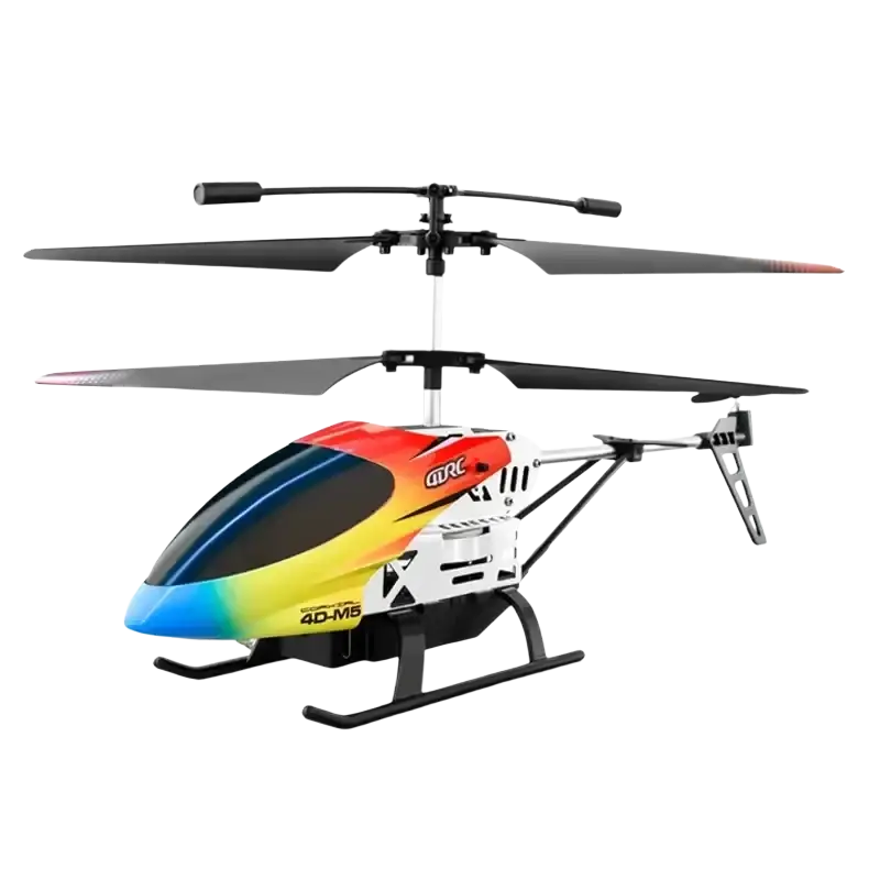 Helicóptero control remoto m5 con luz led presenta fuselaje arcoíris y rotor negro para evitar colisiones