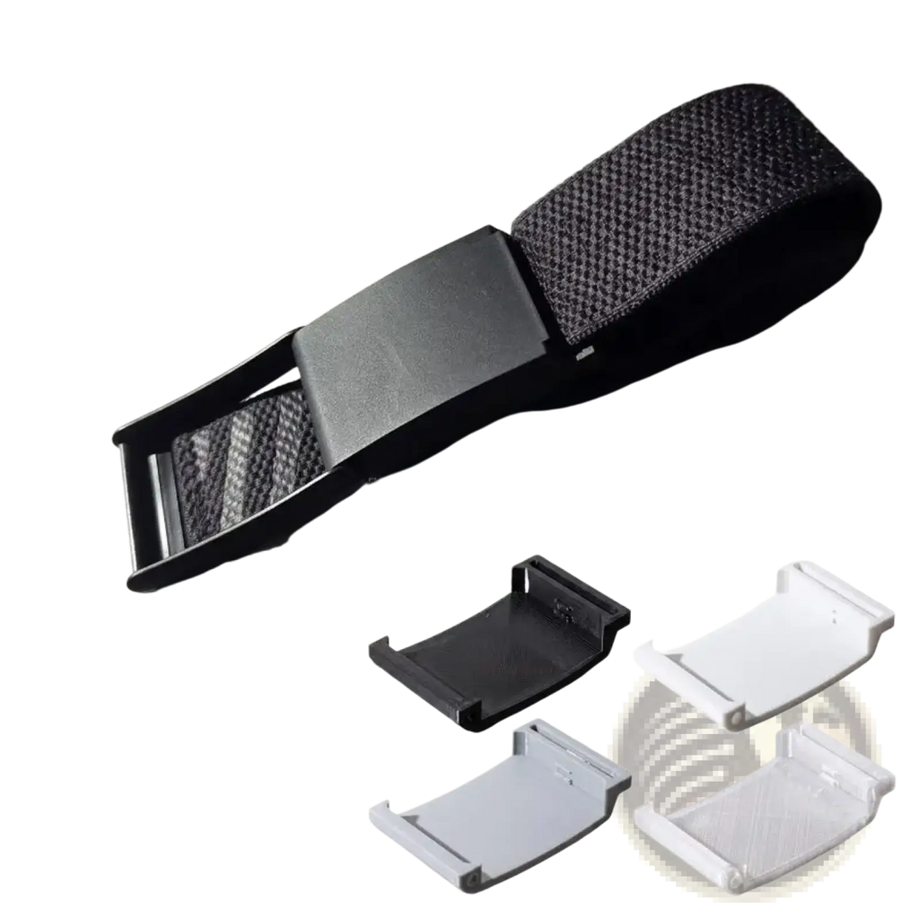 Black elastic helio strap whoop 4.0 adapter with matte plastic buckle and matching mesh wristband