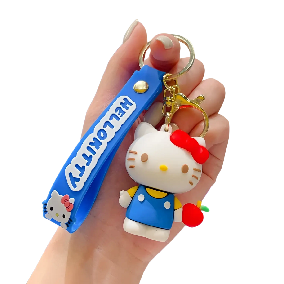 Blue hello kitty cartoon keychain anime bag charm with white plush figure in blue overalls holding apple and wrist strap