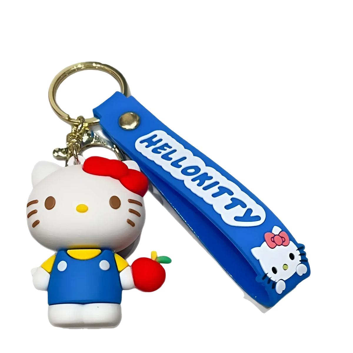 Blue hello kitty cartoon keychain with white plush figure in blue overalls holding an apple and attached to a wrist strap