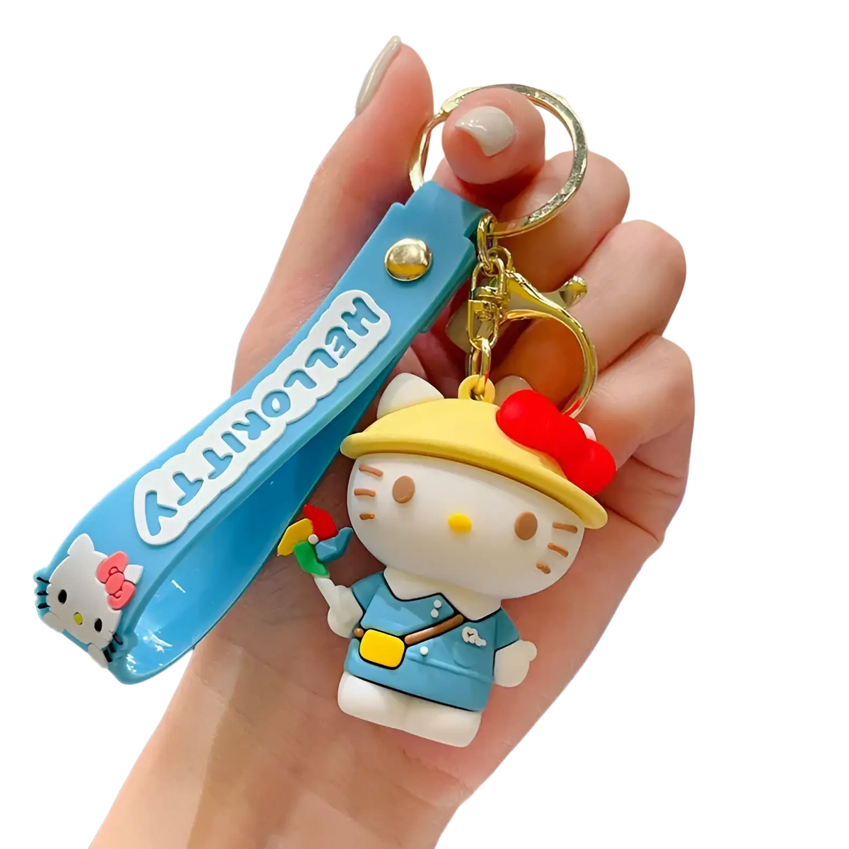 A blue silicone hello kitty cartoon keychain with a yellow hat holding a flower and hello kitty logo strap