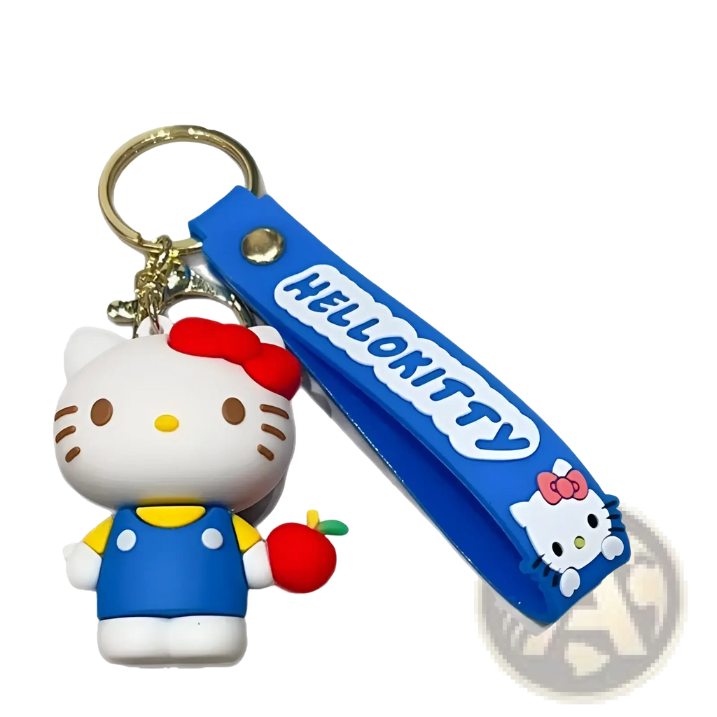 Blue hello kitty cartoon keychain with white plush figure in blue overalls holding an apple and attached to a wrist strap