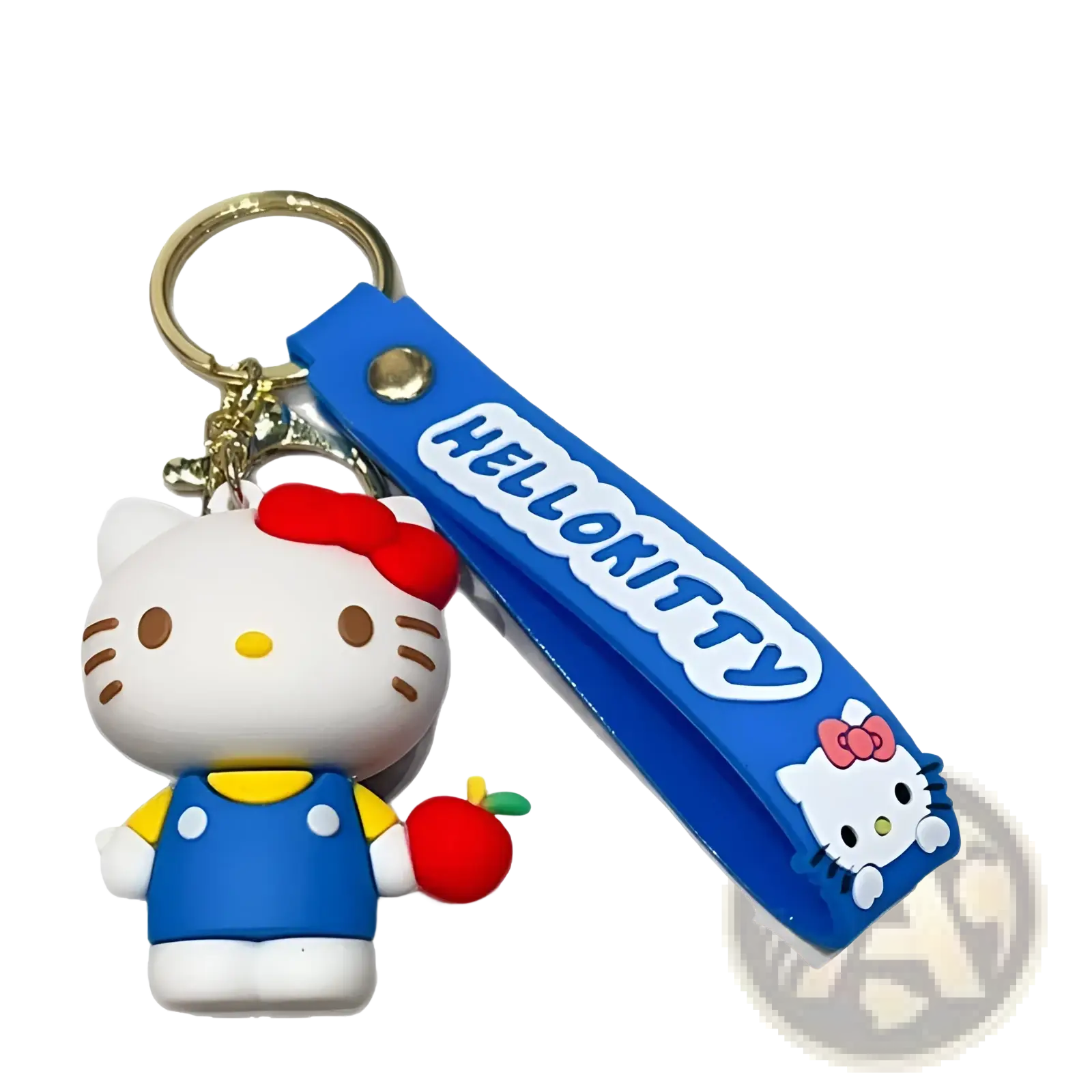 Blue hello kitty cartoon keychain with white plush figure in blue overalls holding an apple and attached to a wrist strap