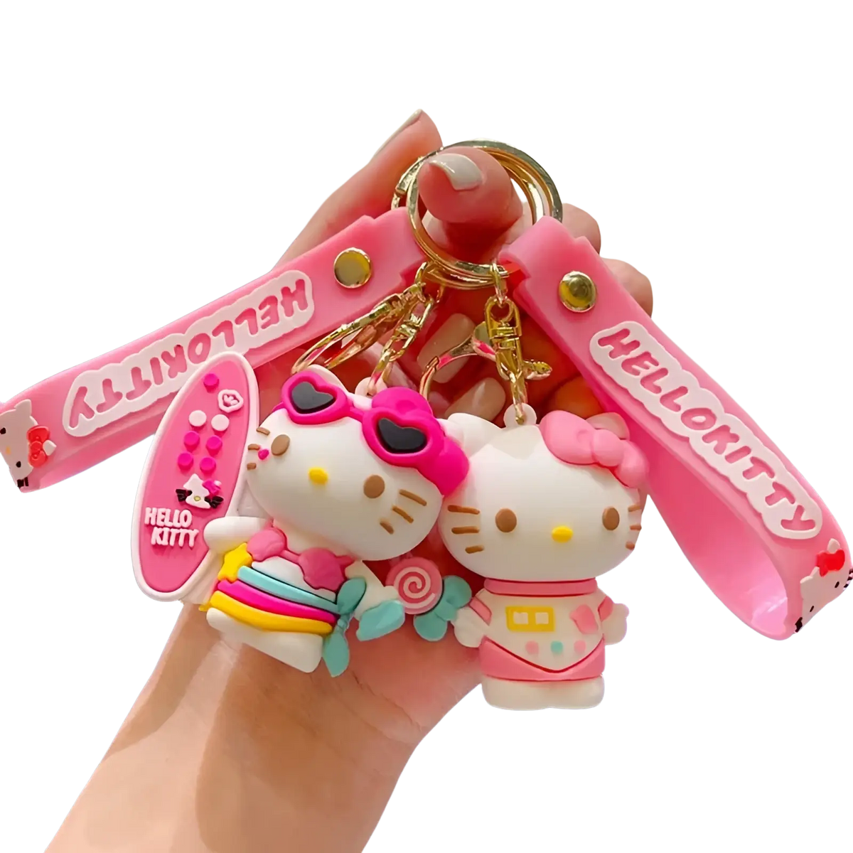 Pink hello kitty cartoon keychain anime bag charm featuring two figurines with matching wristbands