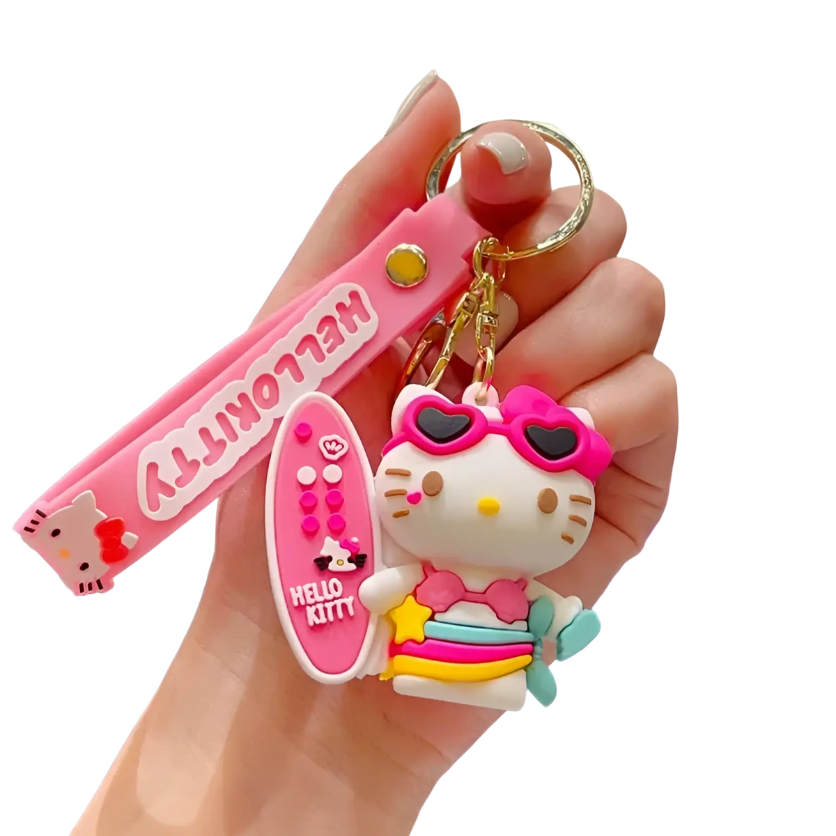 Hello Kitty cartoon keychain pink silicone featuring character in sunglasses swimwear holding surfboard with wrist strap