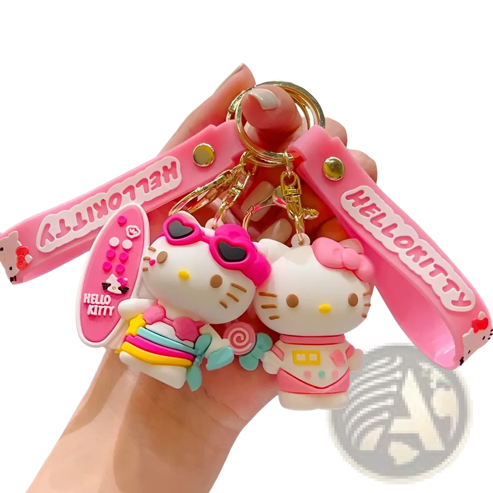 Pink hello kitty cartoon keychain anime bag charm featuring two figurines with matching wristbands