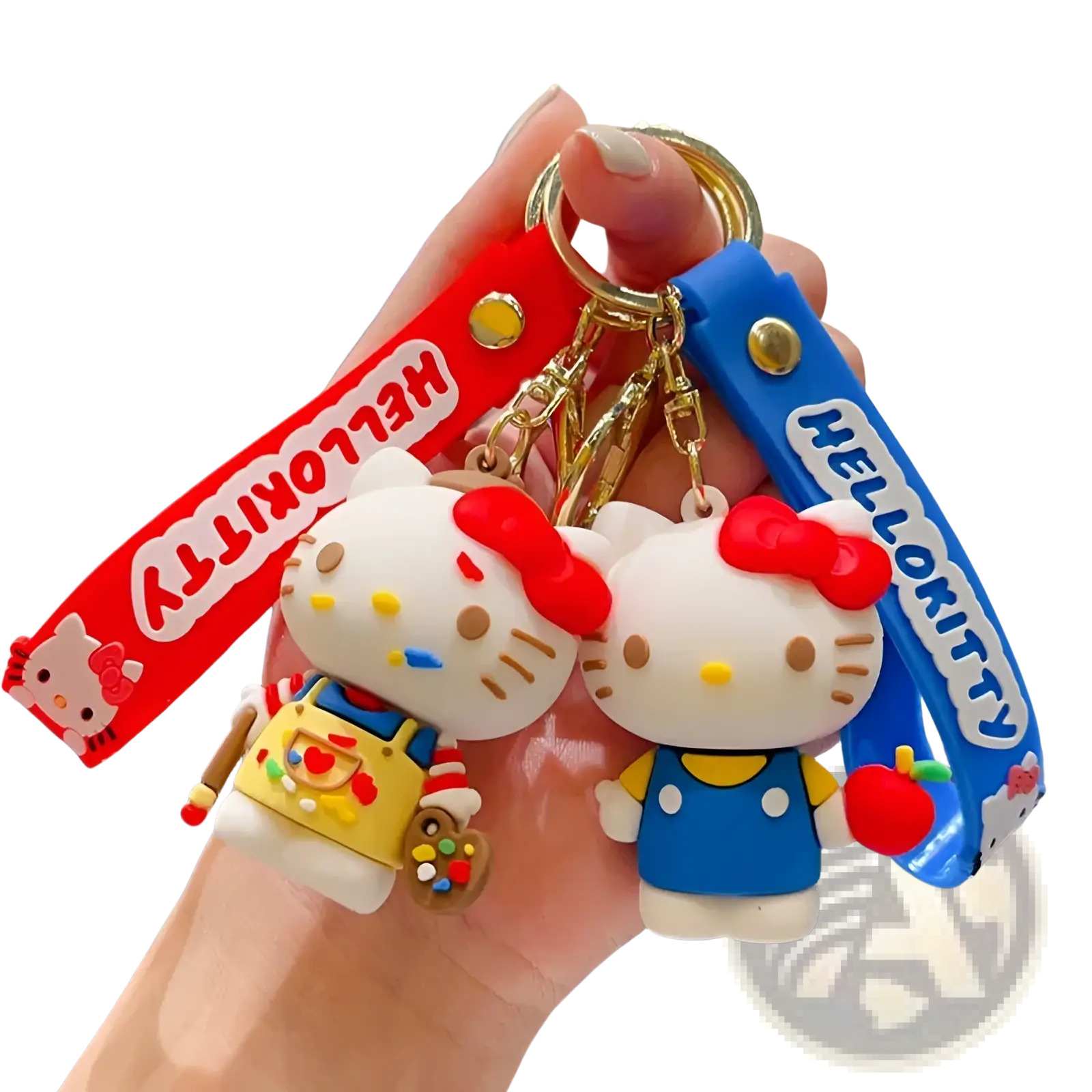 Two hello kitty cartoon keychain anime bag charms featuring red and blue ribbon designs with distinct characters