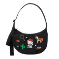 Black hello kitty dumpling crossbody bag with embroidered cowboy-themed appliqués including cactus horse and boots