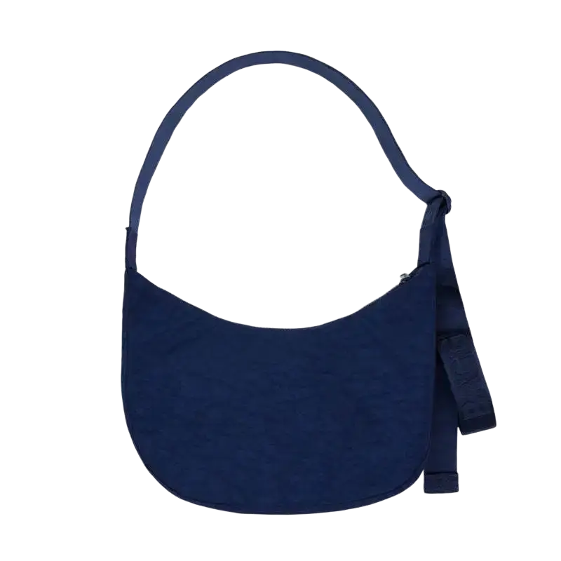 Navy blue suede Hello Kitty dumpling crossbody bag with adjustable shoulder strap for casual use