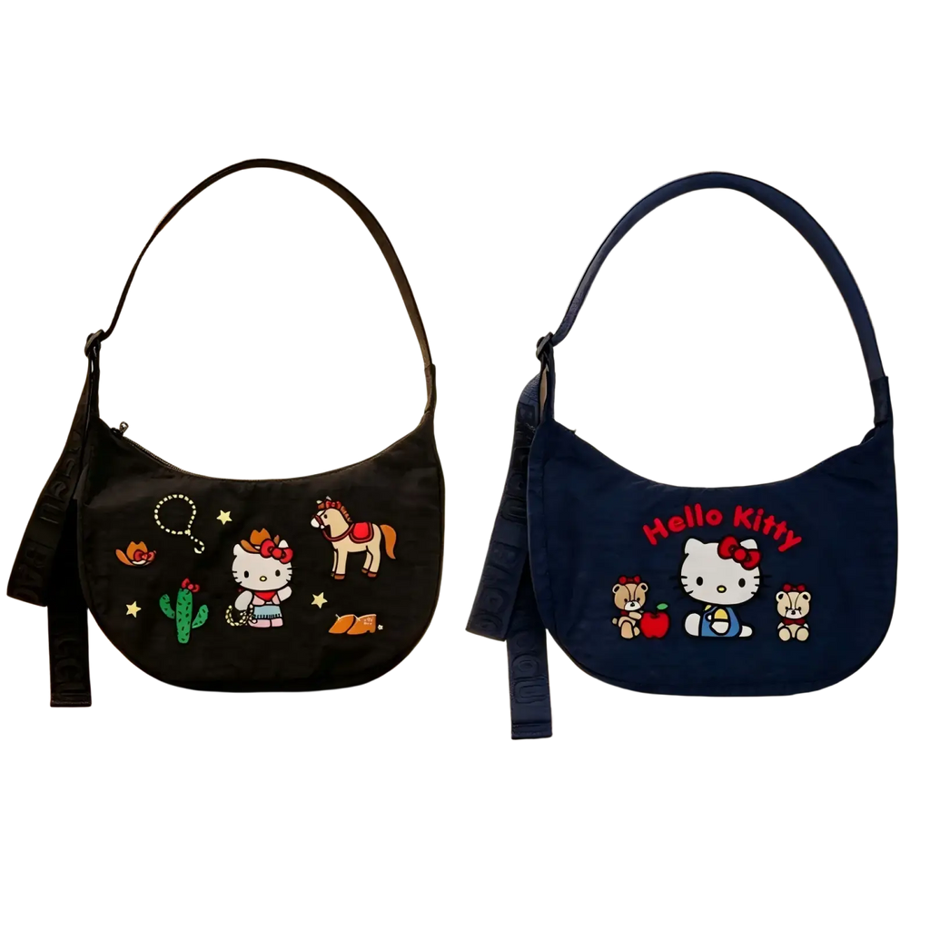 Two hello kitty dumpling crossbody bags featuring embroidered desert and horse motifs and printed logos in black and navy blue