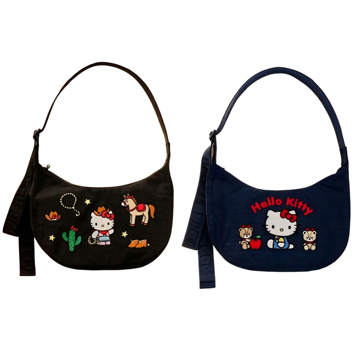 Two hello kitty dumpling crossbody bags featuring embroidered desert and horse motifs and printed logos in black and navy blue