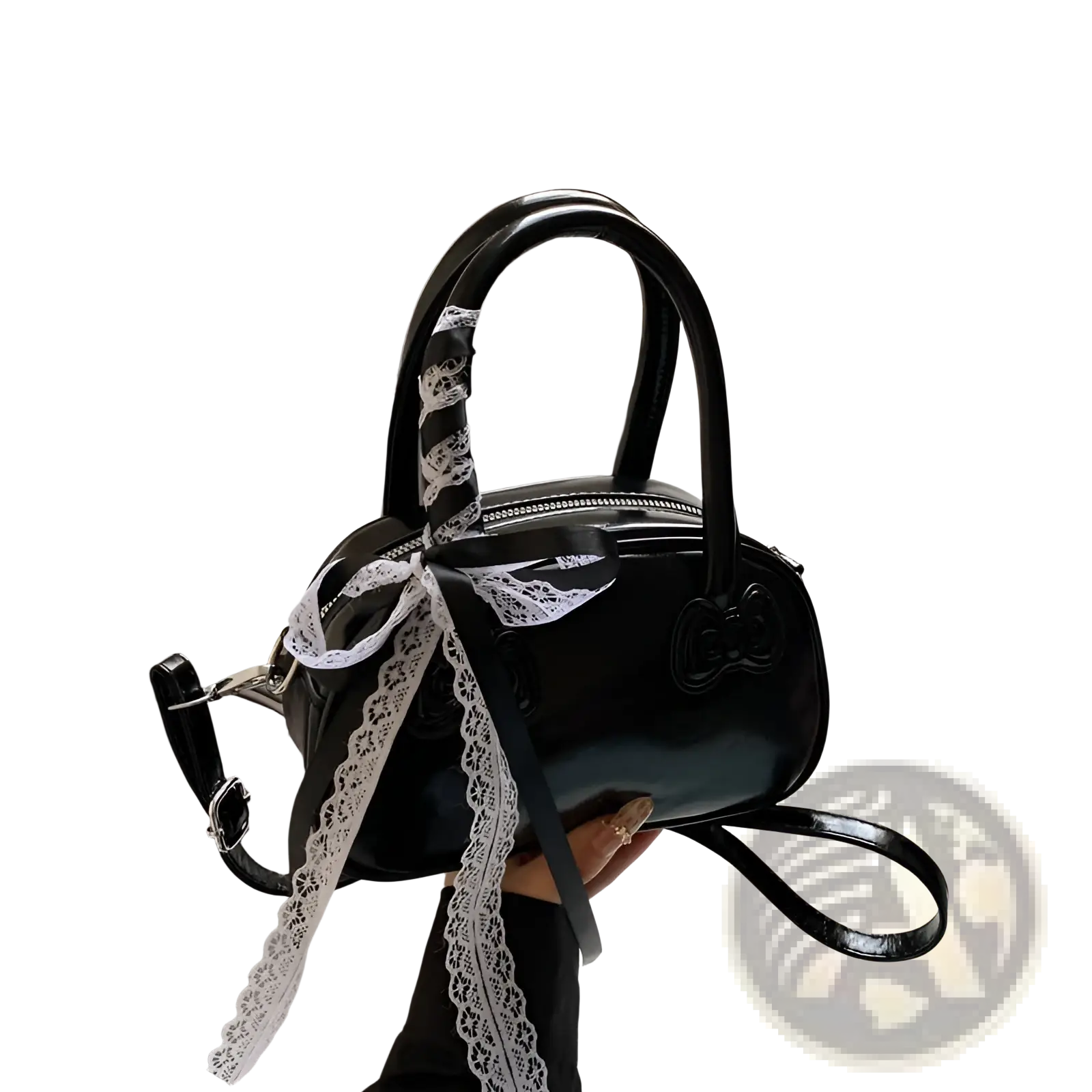 Hello Kitty glossy black lace bow crossbody bag with a bow-shaped handle and white lace ribbon detail