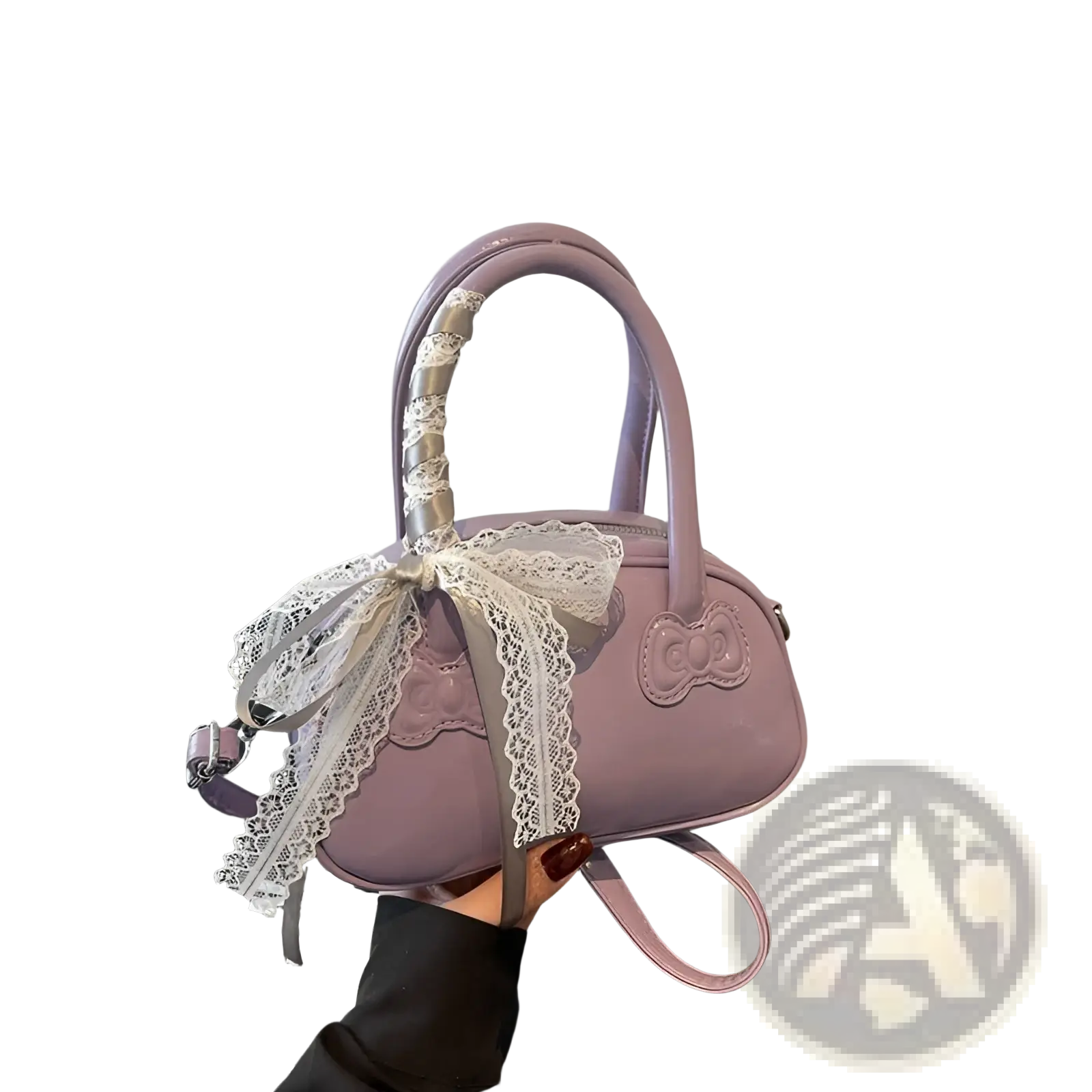 Lavender hello kitty glossy lace bow crossbody bag with a delicate white lace bow and embroidered cat face
