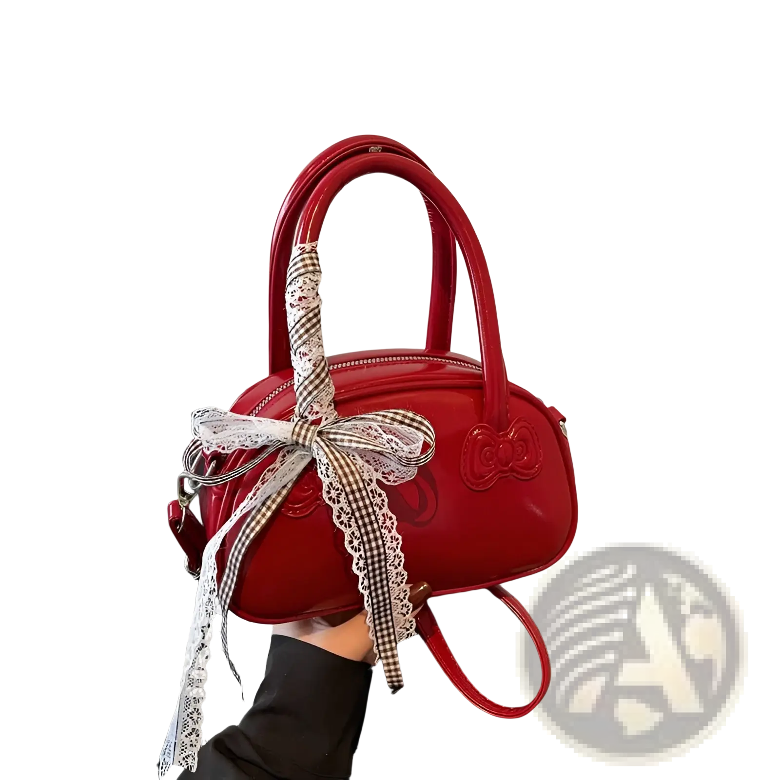 Hello Kitty glossy red crossbody bag with lace detailing and a black and white gingham bow accessory