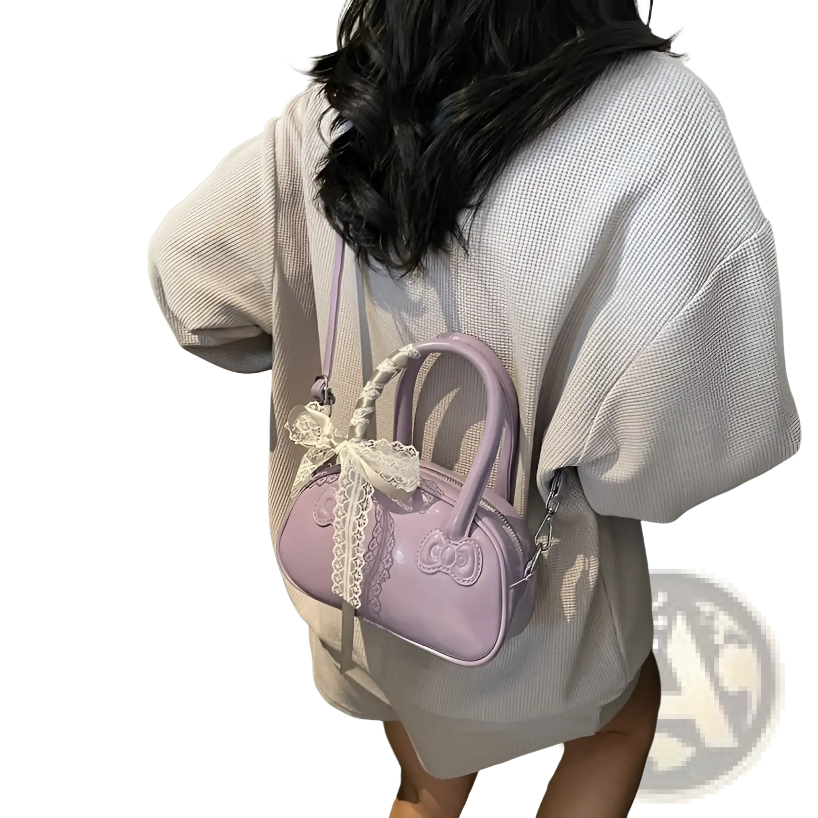 Lavender glossy plastic hello kitty crossbody bag with bow and lace trim featuring a stylish feminine design