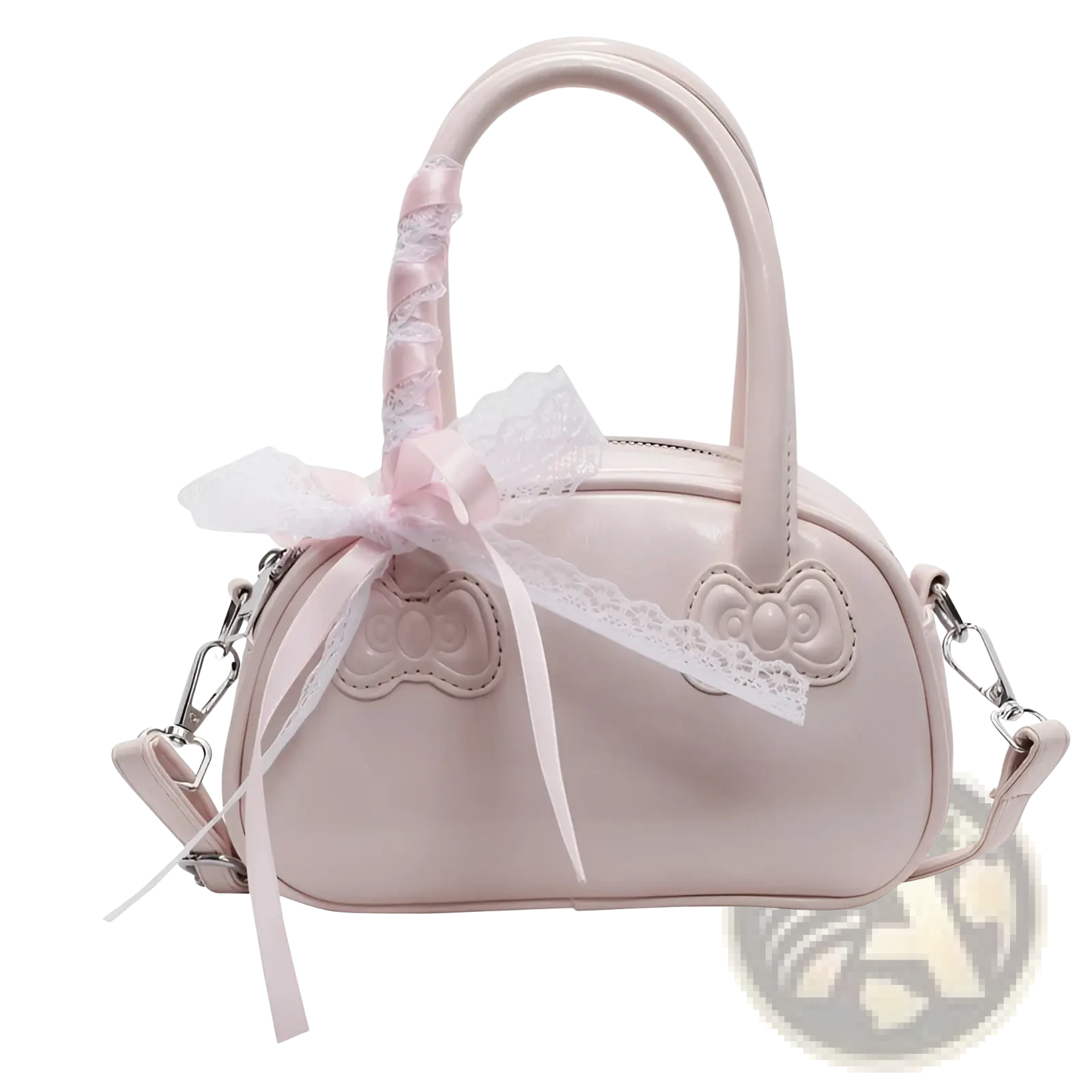 Pastel pink glossy hello kitty crossbody bag with lace-trimmed bow and matching handles for stylish use