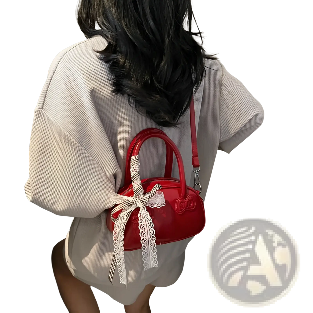 A glossy red hello kitty crossbody bag with a white lace bow and matching strap made of patent material