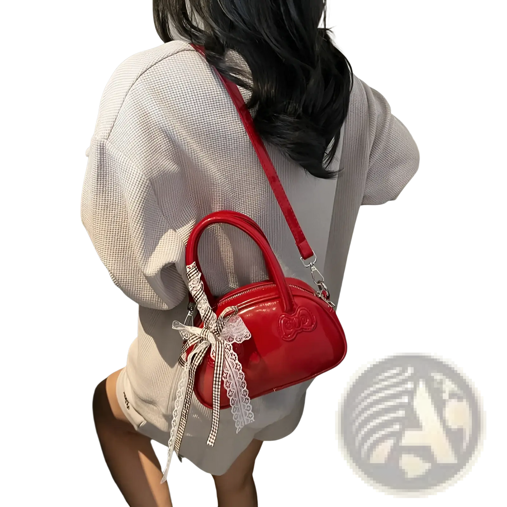 Hello Kitty glossy red crossbody bag with white lace bow black and white gingham ribbon and embroidered design