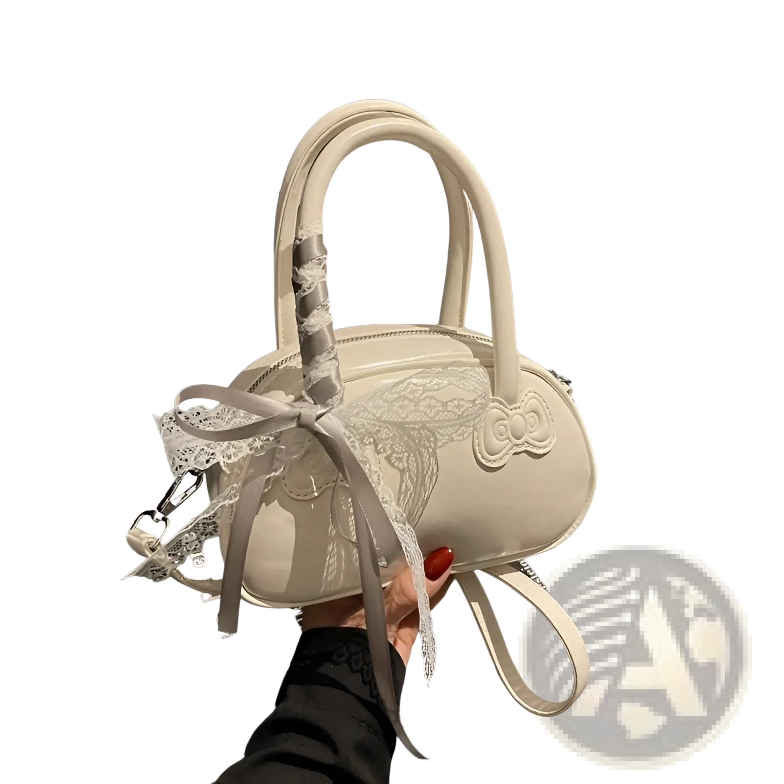 Cream-colored hello kitty glossy lace bow crossbody bag featuring lace detailing and a bow accent