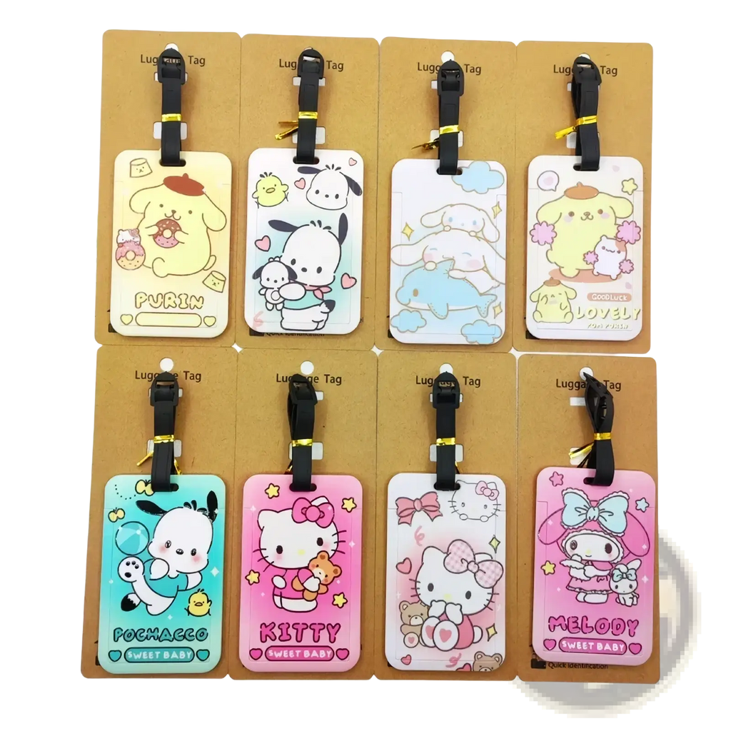 Set of eight colorful hello kitty luggage tags featuring cartoon characters on soft plastic with black straps