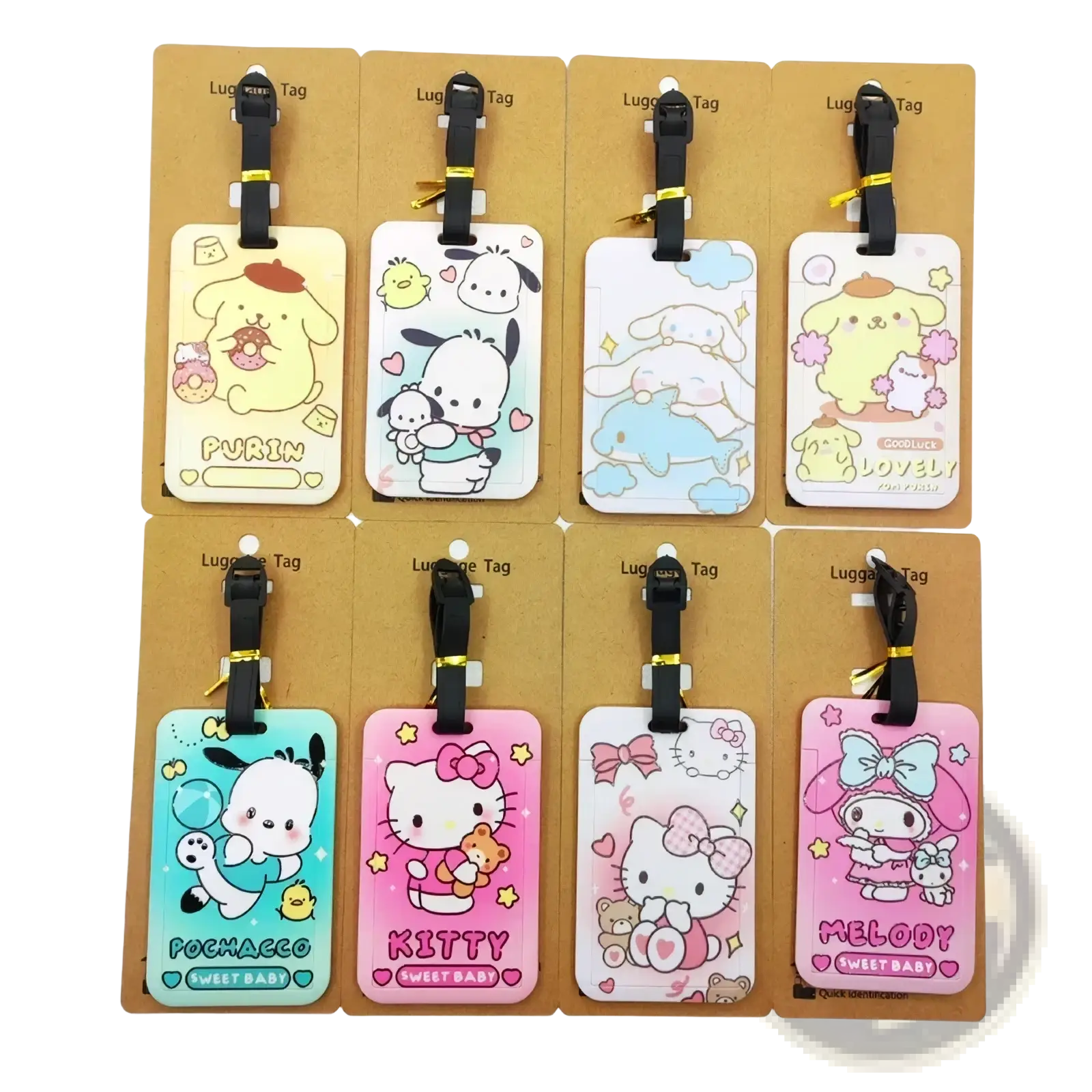 Set of eight colorful hello kitty luggage tags featuring cartoon characters on soft plastic with black straps