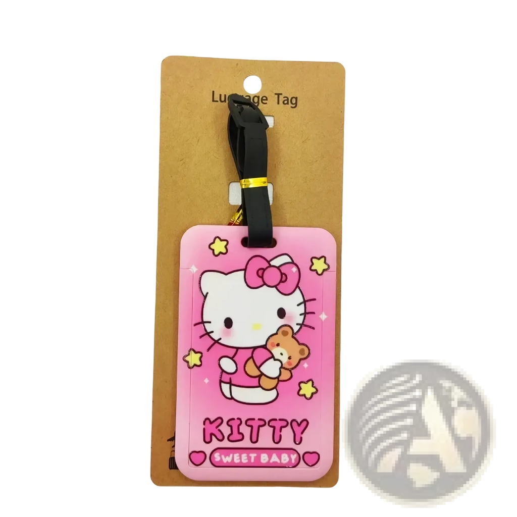 Pink silicone hello kitty luggage tag with pink bow teddy bear yellow stars and kitty sweet baby text for suitcase id label