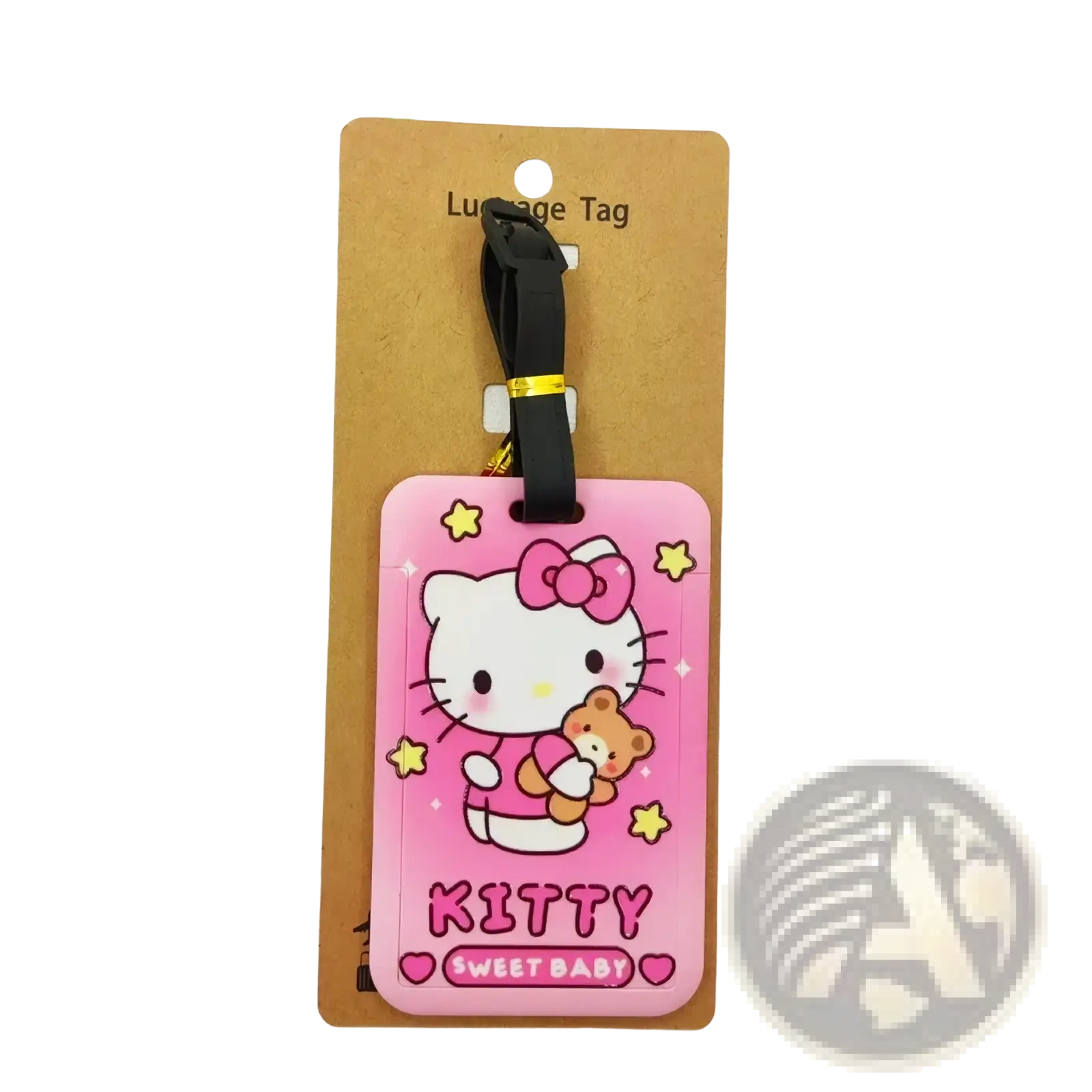 Pink silicone hello kitty luggage tag with pink bow teddy bear yellow stars and kitty sweet baby text for suitcase id label