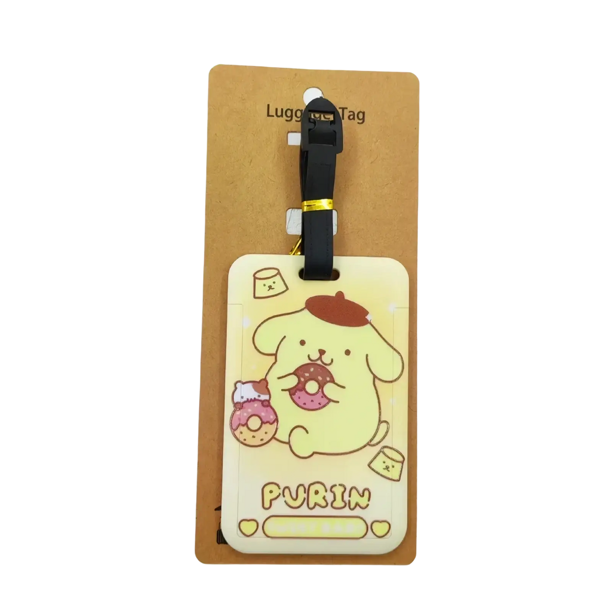 A pale yellow hello kitty luggage tag featuring a cartoon purrin with a red beret and black strap with gold accent