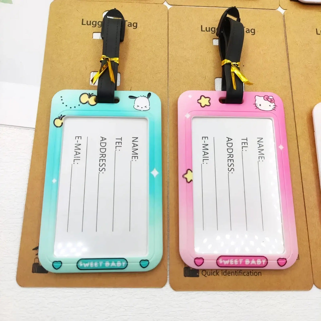 Pastel-colored plastic hello kitty luggage tags with cartoon designs and black straps for suitcase id labels