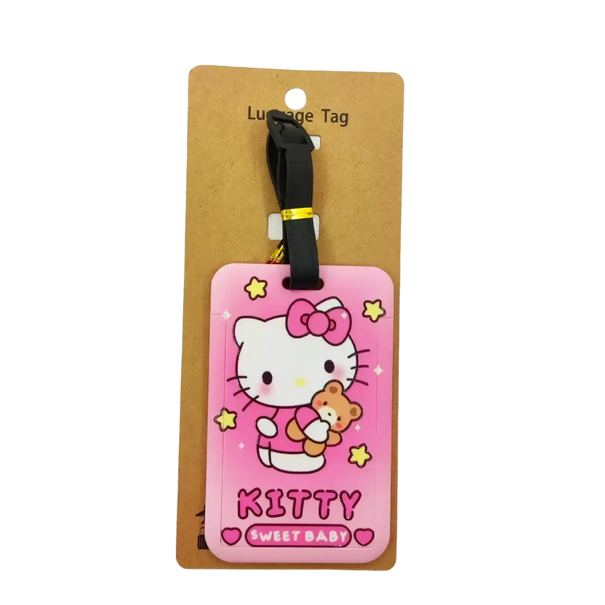 Pink silicone hello kitty luggage tag with pink bow teddy bear yellow stars and kitty sweet baby text for suitcase id label