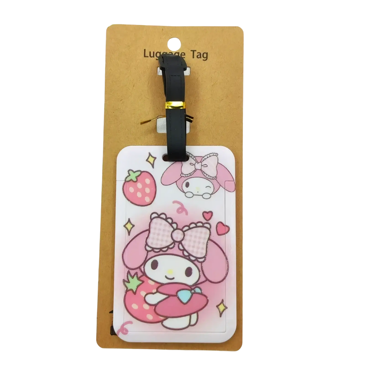 Hello kitty luggage tag set featuring pink my melody character with strawberry bow design attached to a black strap
