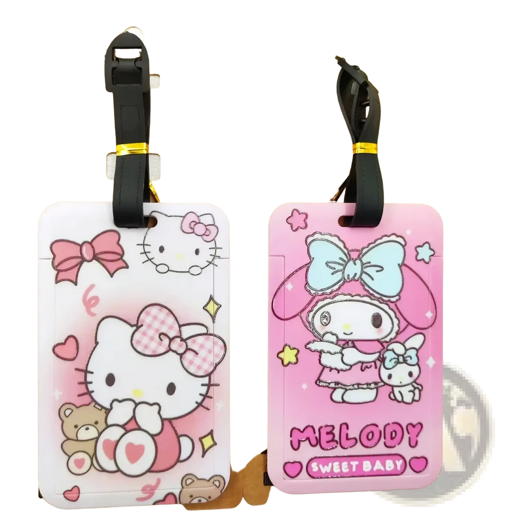Hello kitty luggage tag set featuring pink and white my melody and hello kitty designs with black straps and gold accents