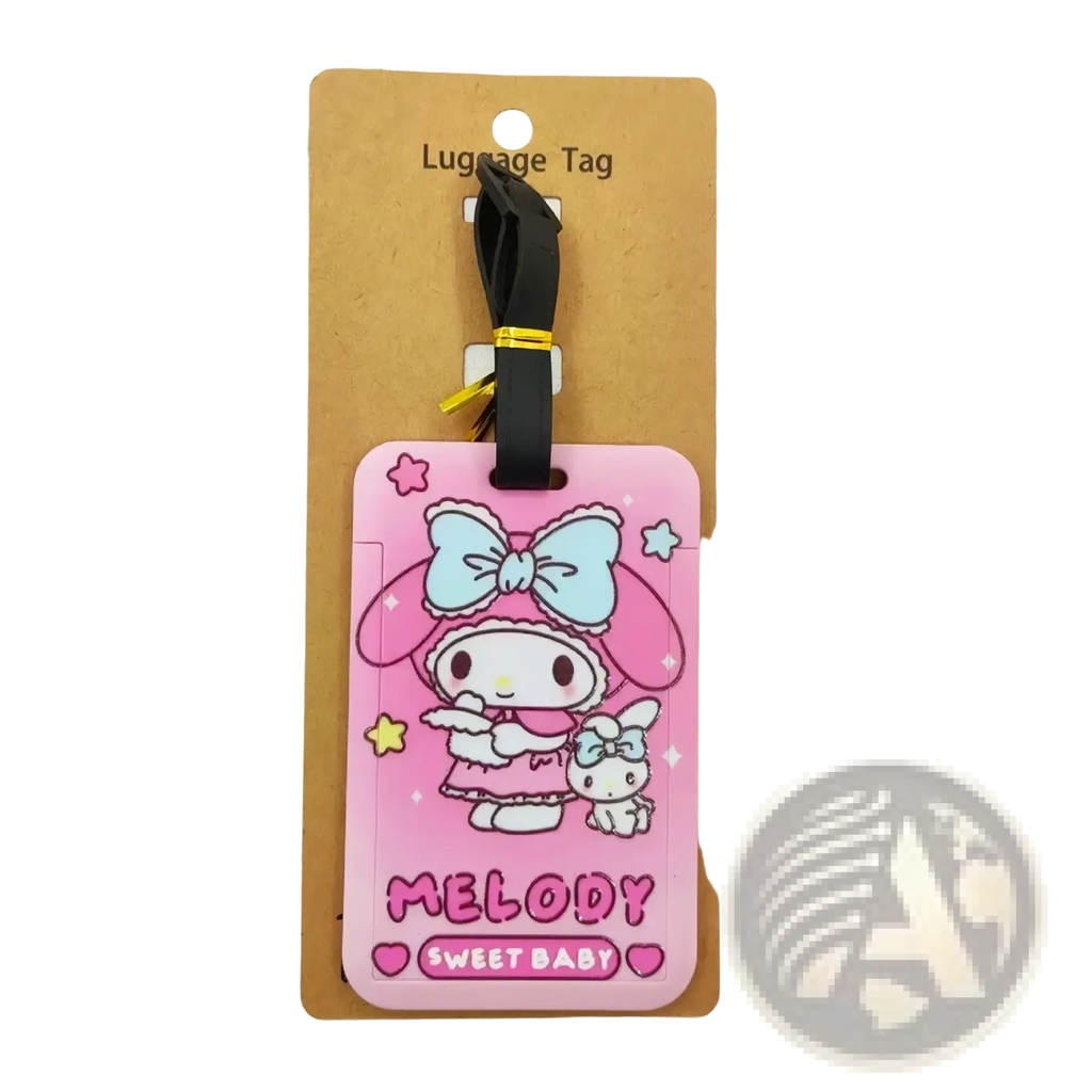 Pink silicone hello kitty luggage tag featuring melody with light blue bow star accents labeled melody sweet baby