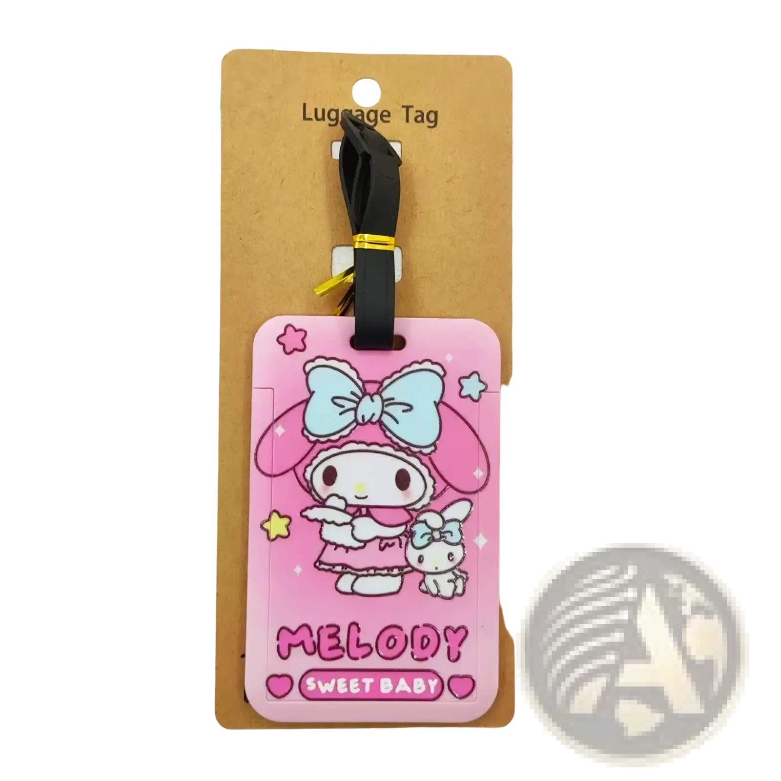 Pink silicone hello kitty luggage tag featuring melody with light blue bow star accents labeled melody sweet baby