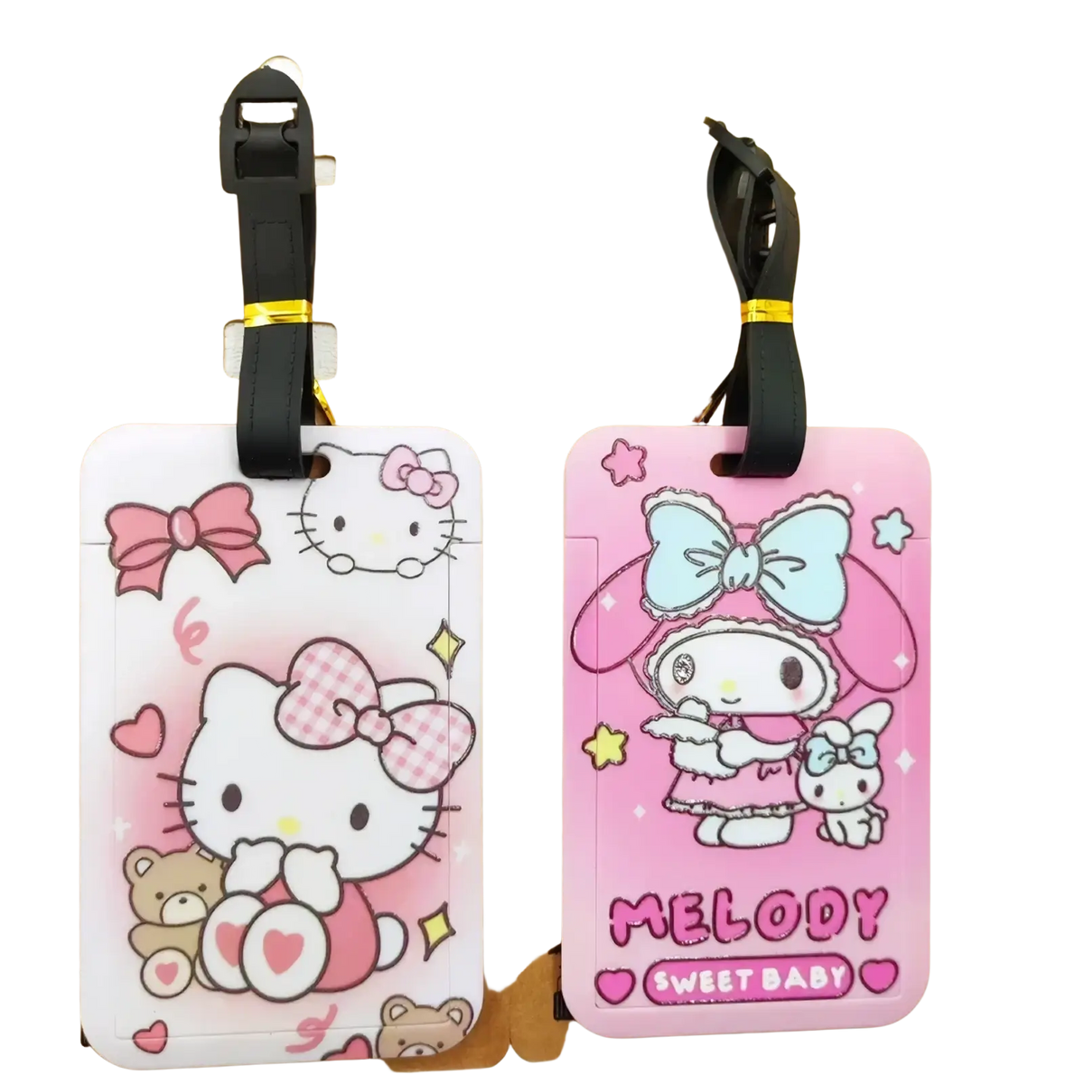 Hello kitty luggage tag set featuring pink and white my melody and hello kitty designs with black straps and gold accents