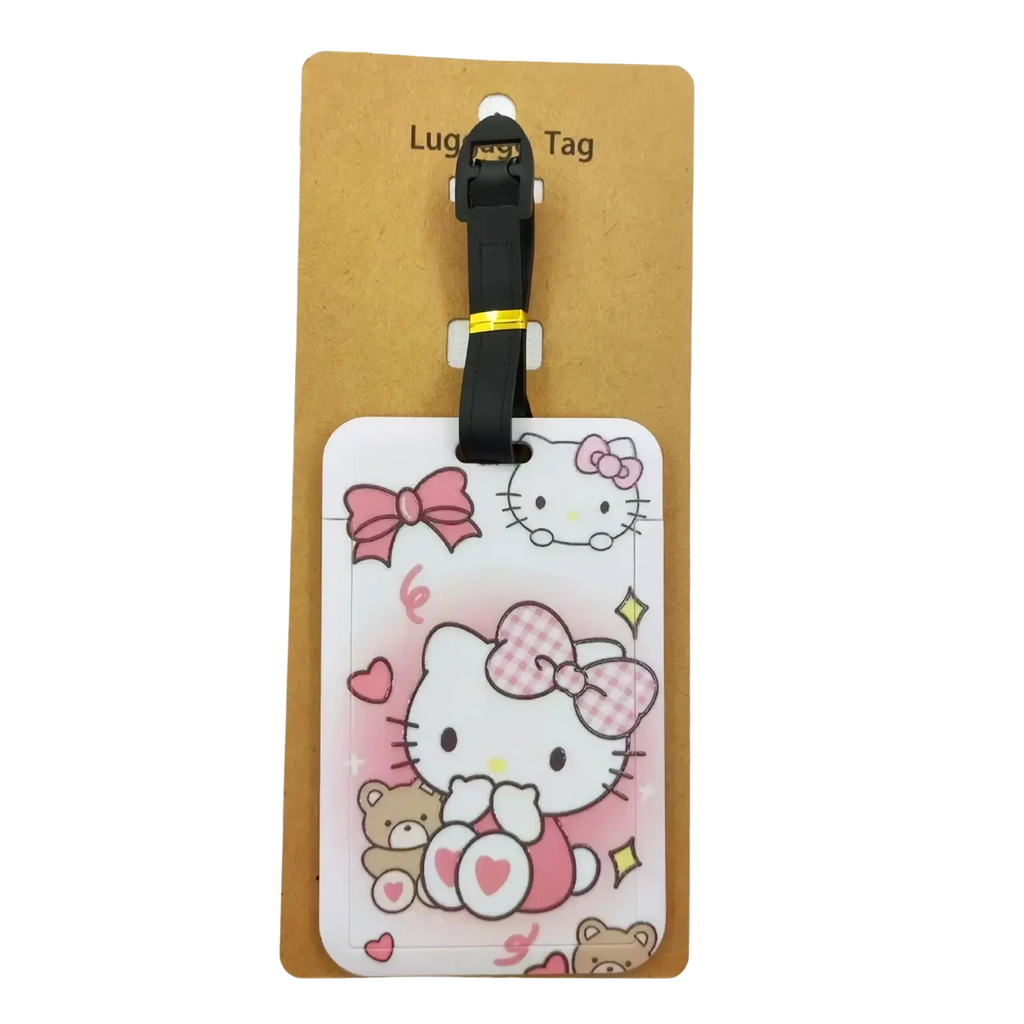 Hello kitty luggage tag set with pink and white cartoon design black strap and gold accent for suitcase id labels