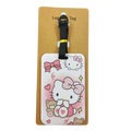 Hello kitty luggage tag set with pink and white cartoon design black strap and gold accent for suitcase id labels