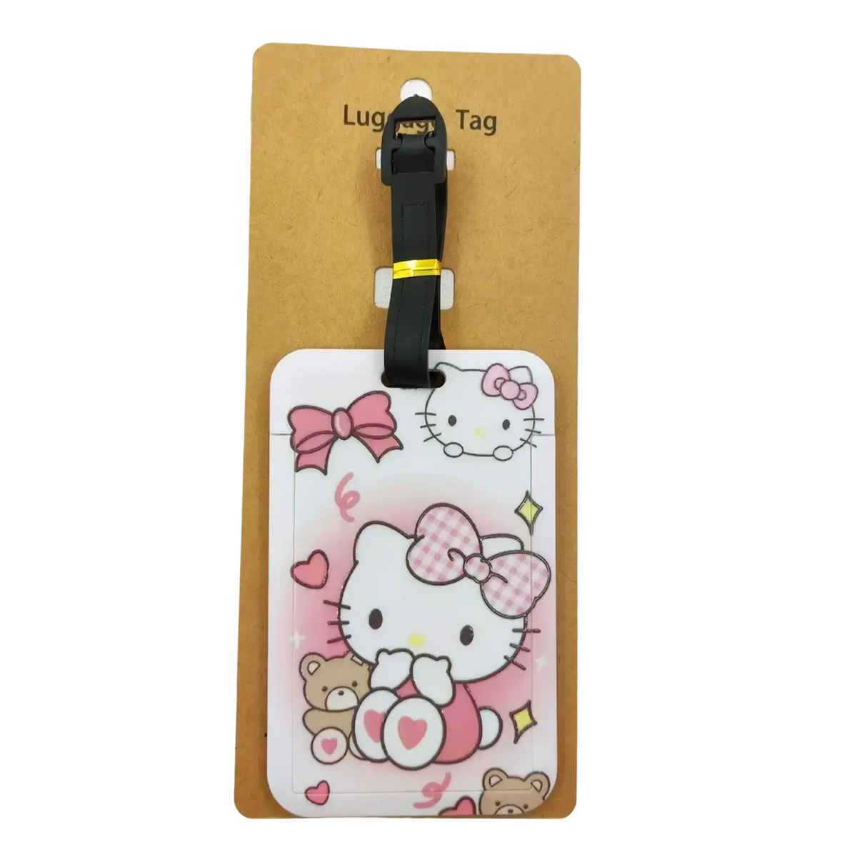 Hello kitty luggage tag set with pink and white cartoon design black strap and gold accent for suitcase id labels
