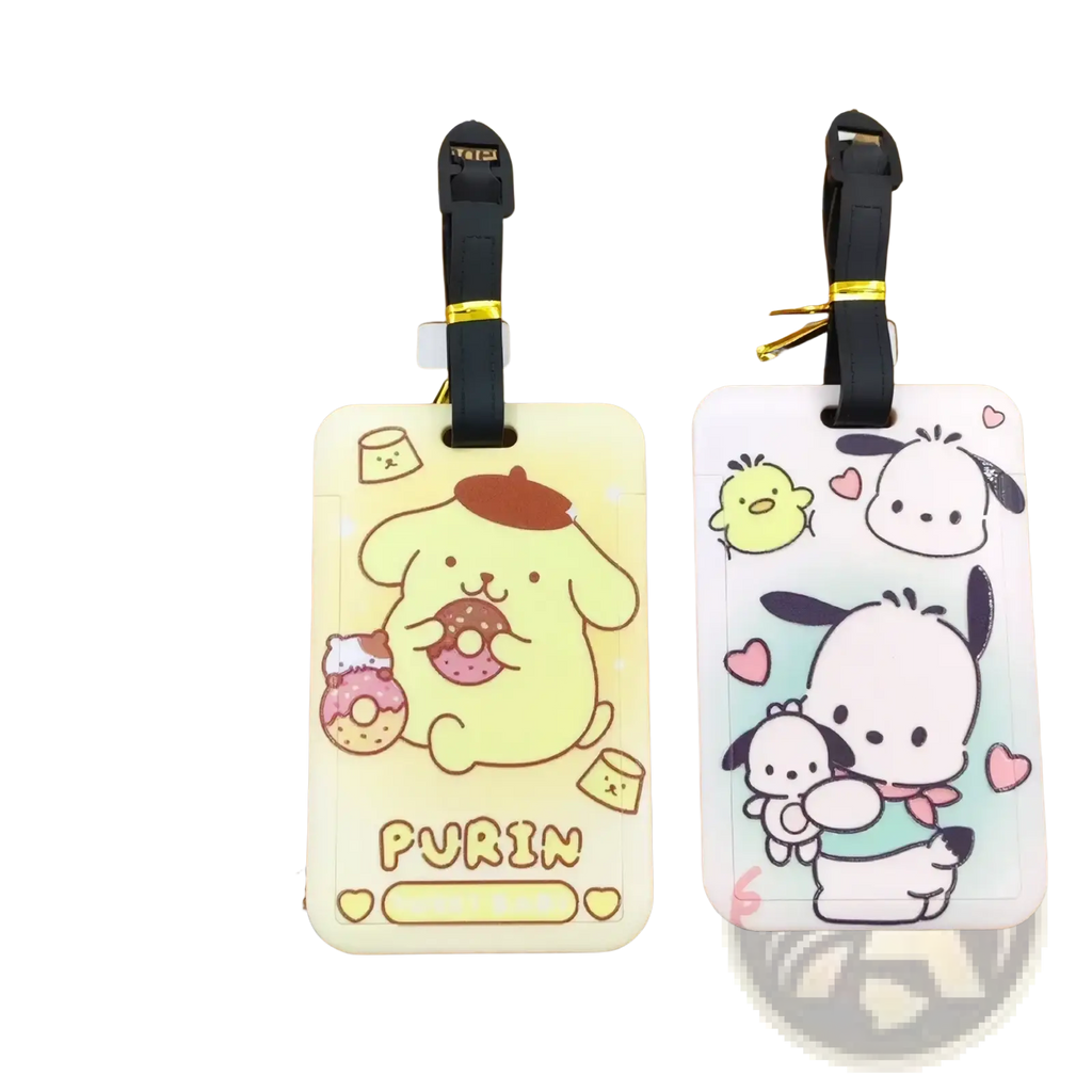 Hello kitty luggage tag set featuring cute purrin and pochacco cartoon designs on pastel plastic with black straps