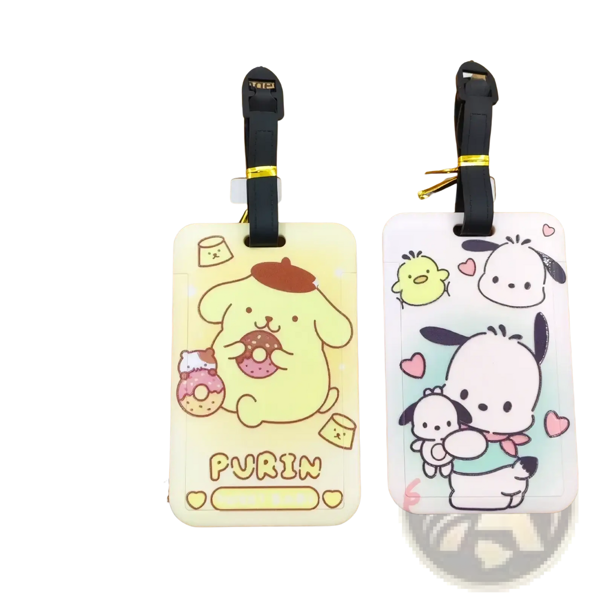 Hello kitty luggage tag set featuring cute purrin and pochacco cartoon designs on pastel plastic with black straps