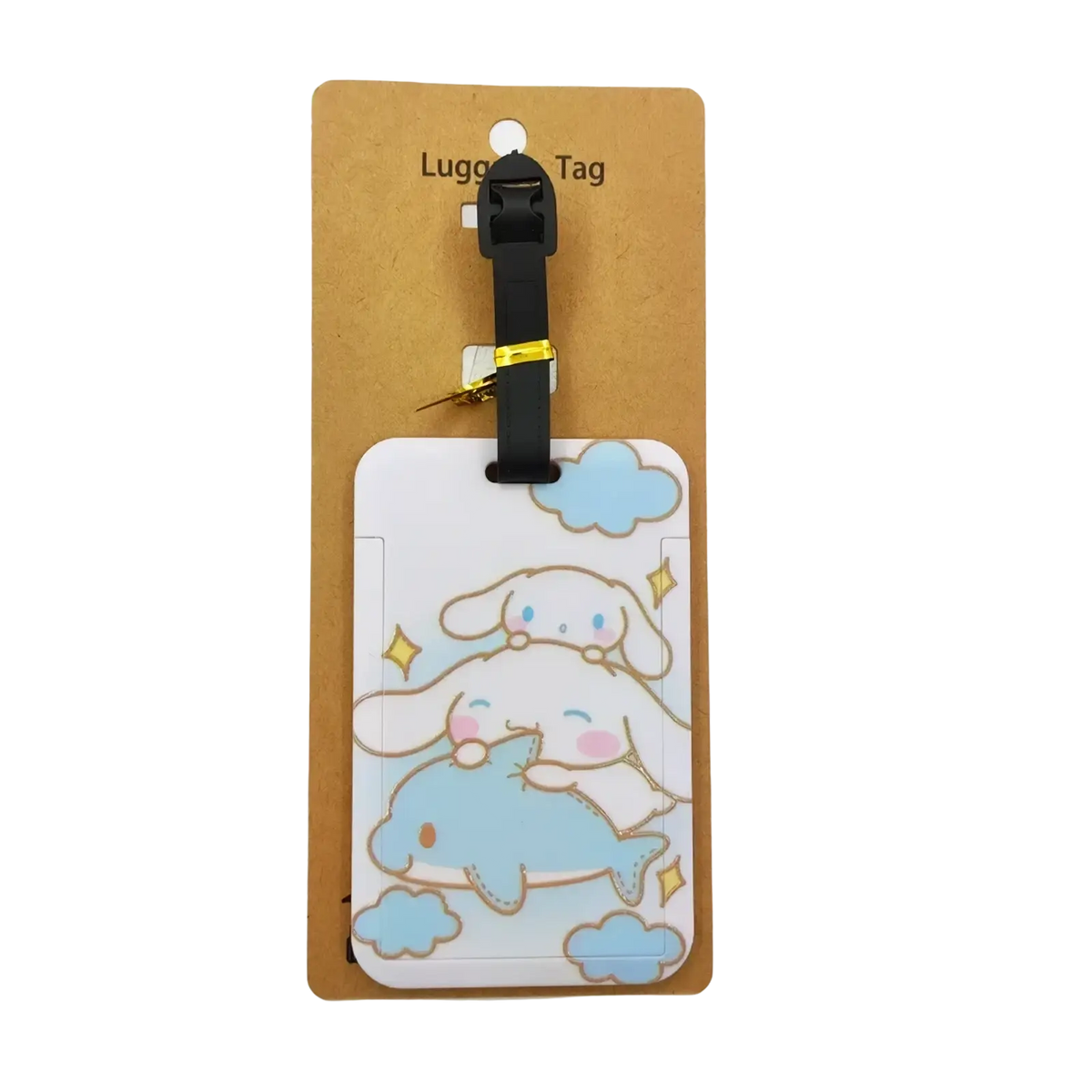 White rectangular Hello Kitty luggage tag featuring two cinnamoroll characters on a blue dolphin with black strap