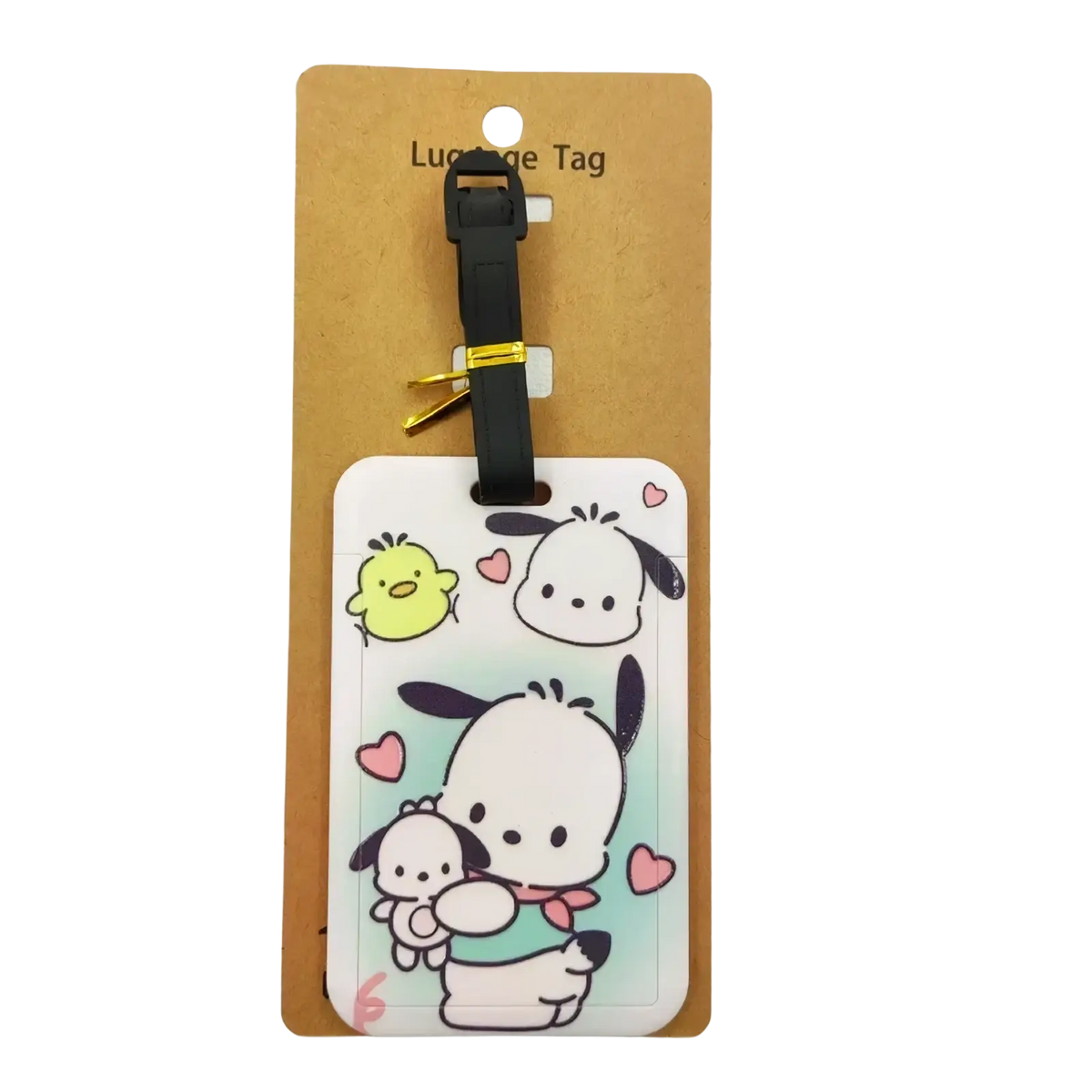 White rectangular hello kitty luggage tag with cartoon characters and pink hearts on black strap with gold hardware