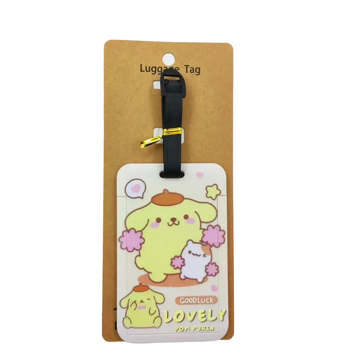 A white rectangular hello kitty luggage tag with cartoon pompom and cat illustration and goodluck lovely text