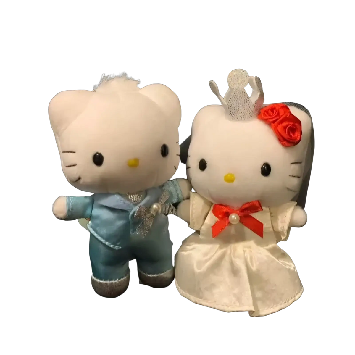 Hello kitty wedding couple plush keychain featuring white satin figurines in light blue suit and ivory gown with red bow