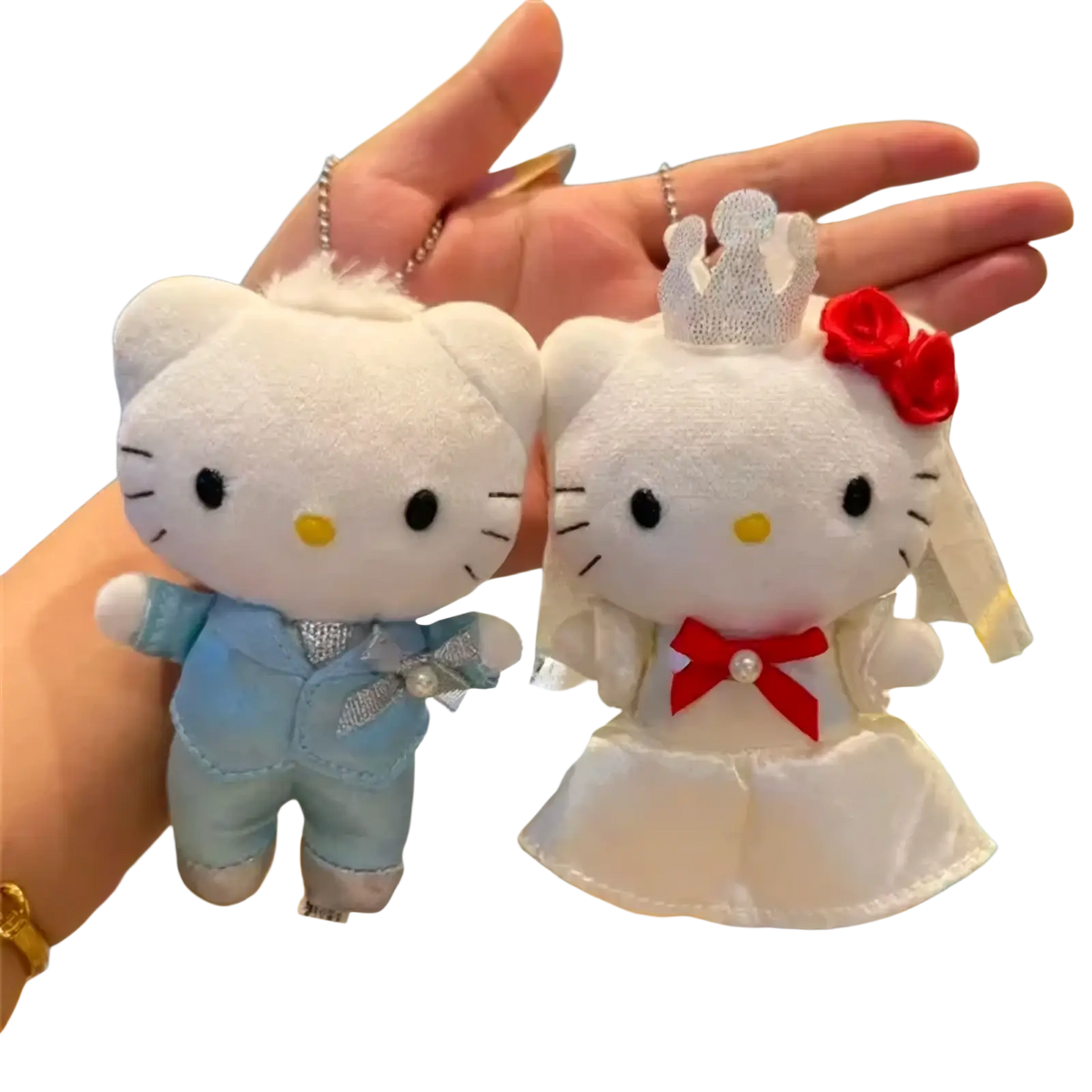 Hello kitty wedding couple plush keychain figures in white with light blue suit and white gown with red bow and crown